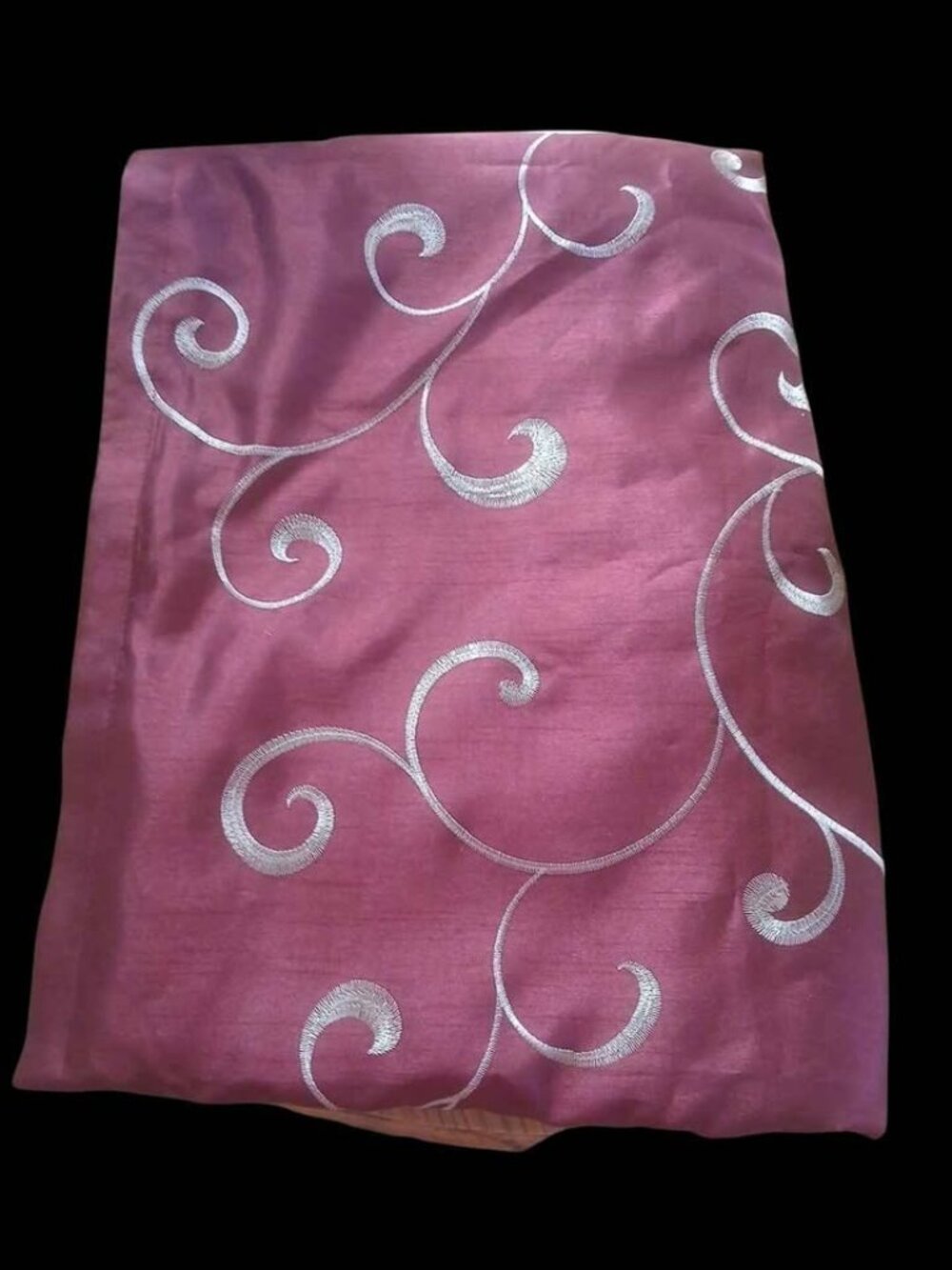 1 Pair Beautiful maroon curtain panels silver embroidered swirl design. Fabr